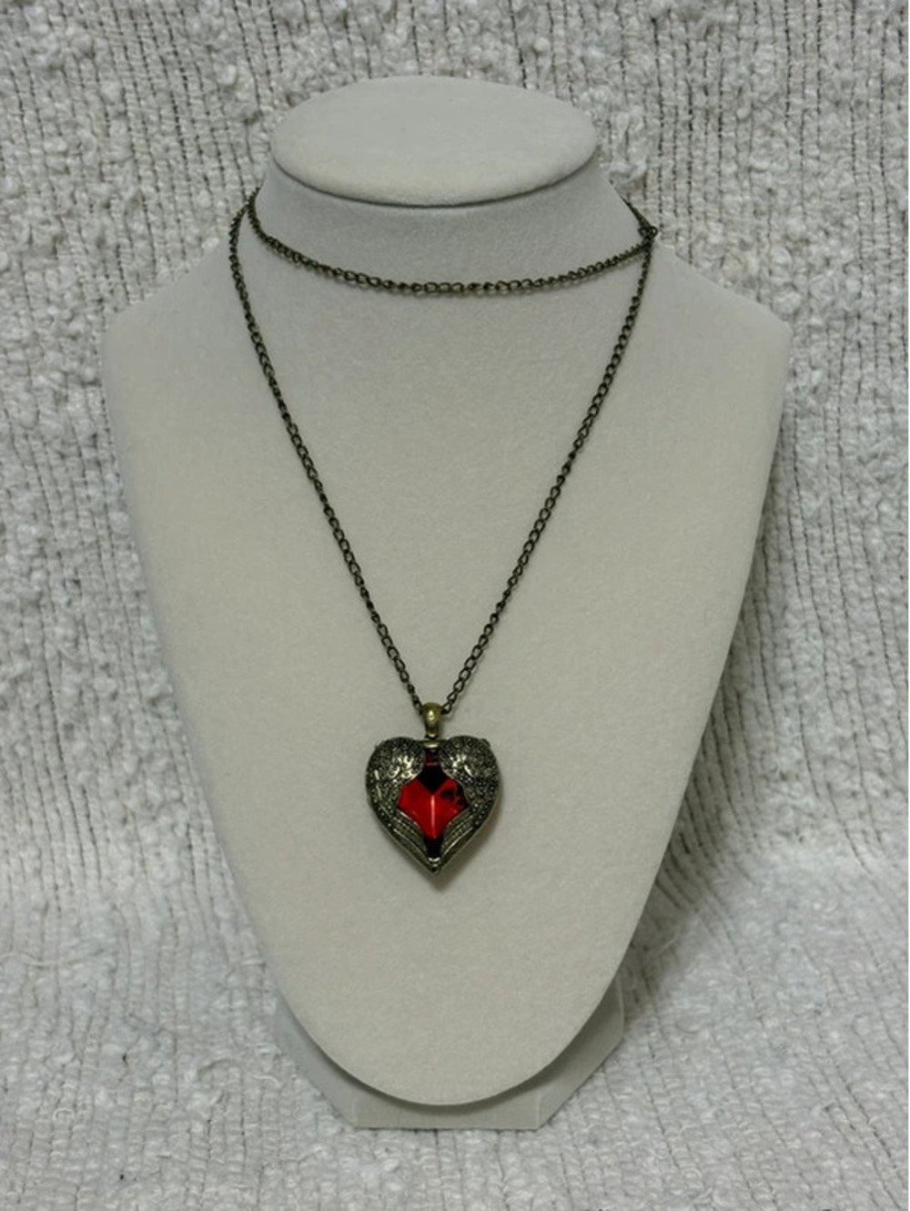 Summi Heart Shaped Angel Wings Necklace Faux Ruby Stone Brass Finish